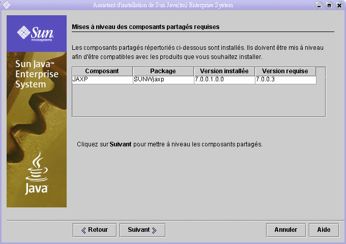 Capture d'�cran indiquant une liste des composants partag�s � mettre � niveau.