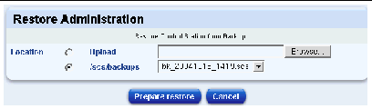 This graphic shows the Restore Administration page.