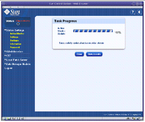 This graphic shows the Task Progress indicator for the completed Active Monitor operation.
