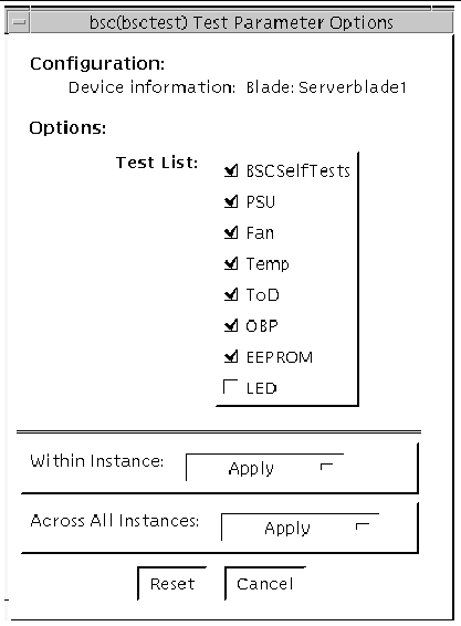 Screenshot of the bsctest Test Parameter Options dialog box.