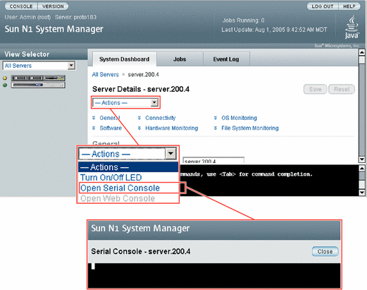 This graphic shows the Actions menu with the Open Serial
Console item highlighted.