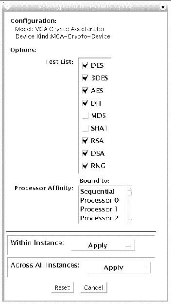 Screenshot of the cryptotest Test Parameter Options dialog box for mcatest