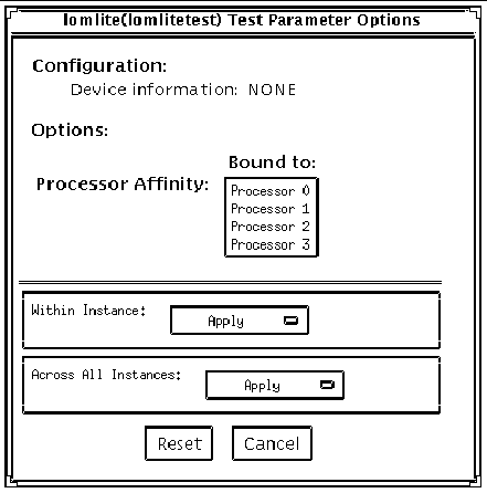 Screenshot of the lomlitetest Test Parameter Options dialog box
