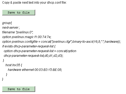 Figure showing content to cut and paste into the user's
dhcp.conf file.