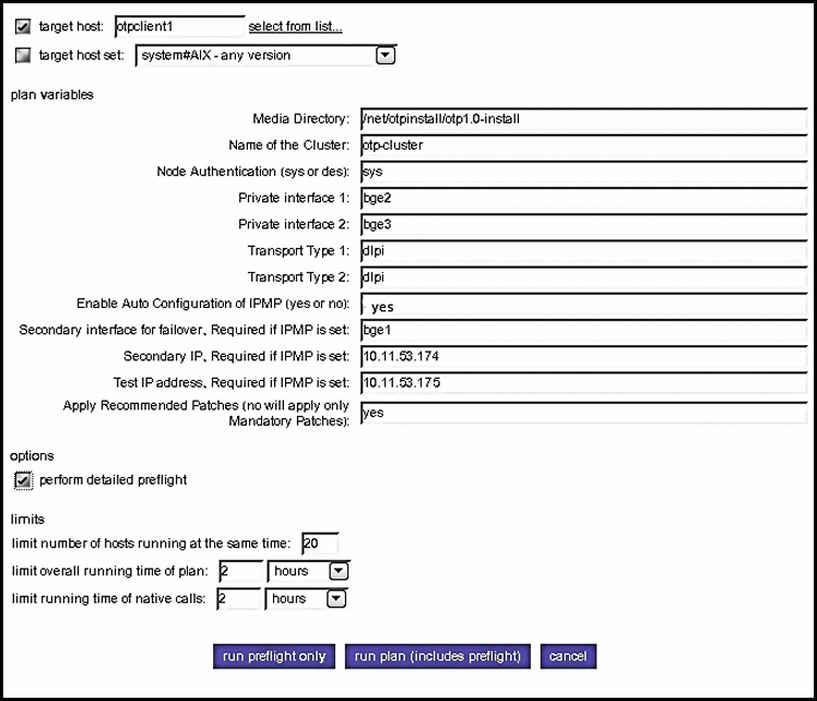 Screen capture: Clustered OTP Host Availability Plan
Variables Page: System Management Server Variables