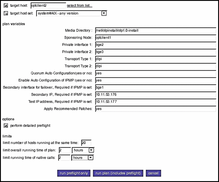 Screen capture: Clustered OTP Hosts Availability
Plan Variables Page