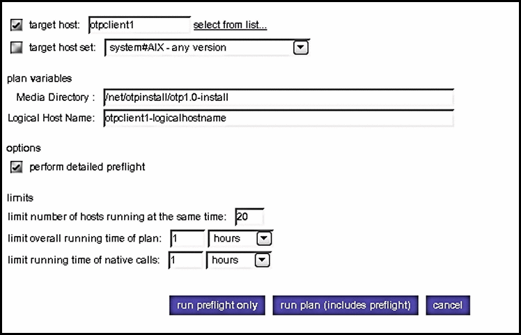 Screen capture: Clustered OTP Host High Availability
Plan Parameters page: First OTP Host