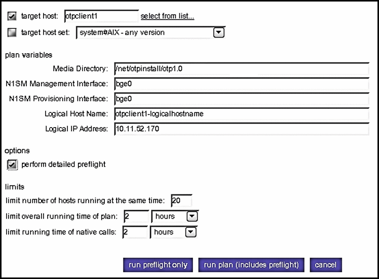 Screen capture: Availability Plan Parameters page