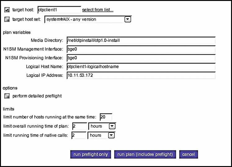 Screen capture: Clustered OTP Host Applications and
Provisioning Plan Parameters page: First OTP Host