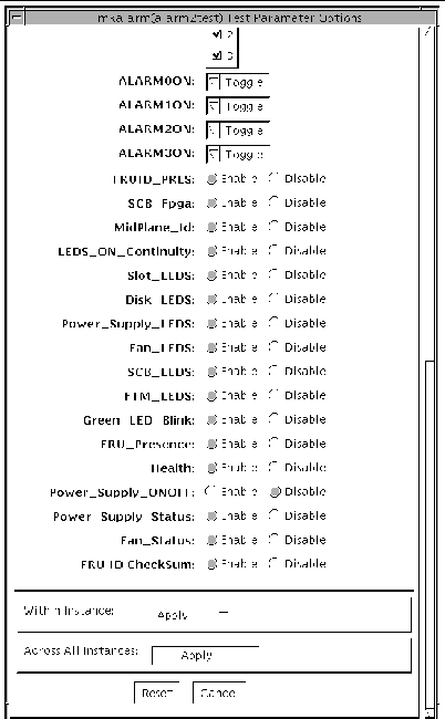 Screenshot of the alarmtest Test Parameter Options dialog box.