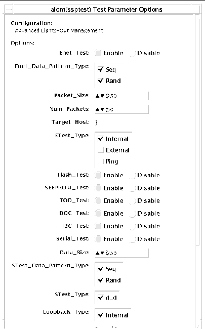 Screenshot of the top section of the ssptest Test Parameter Options dialog box.