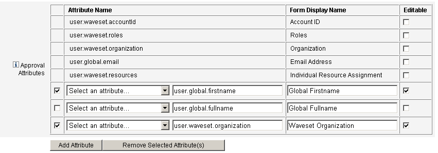 從 [Approval Attributes] 表移除核准屬性。