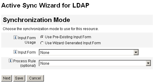 [ActiveSync Synchronization Mode Pre-Existing Form Selections] 頁面提供受限的配置選擇。