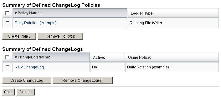 [ChangeLog Configuration] 頁面可讓您配置變更記錄檔與變更記錄檔策略。