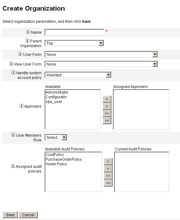 使用 [Create Organization] 頁面來設定 Identity Manager 組織。