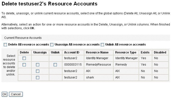 使用 [Delete Resource Accounts] 頁面來刪除、取消指定以及解除連結資源帳號。