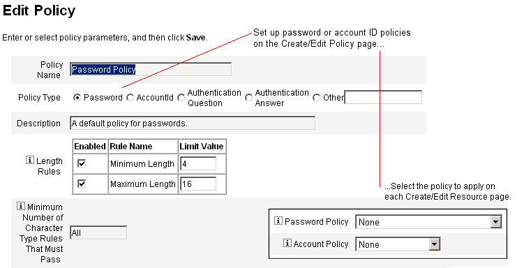 使用 [Edit Policy] 頁設定使用者、密碼和認證策略選項。