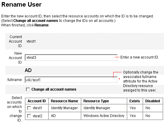 [Rename user] 頁面可讓您變更帳號與資源帳號名稱。