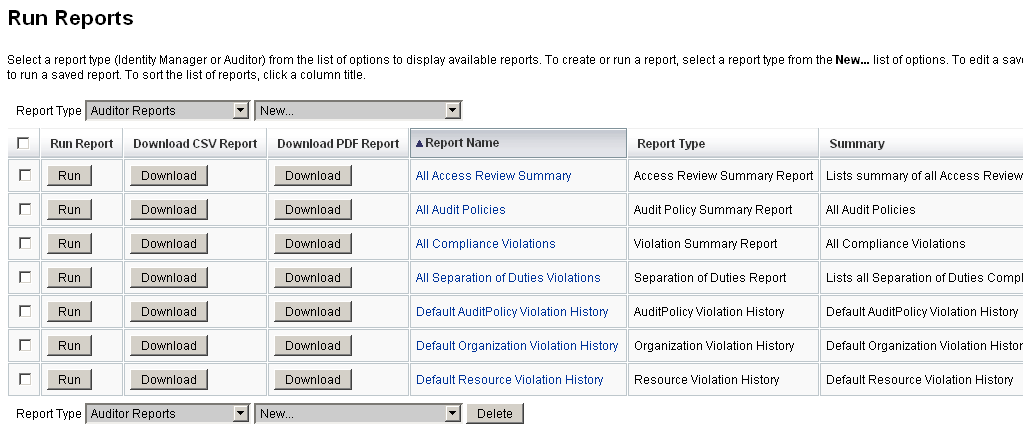 使用 [Run Reports] 頁面可執行 Auditor 報告，以及以 CSV 或 PDF 格式下載報告。