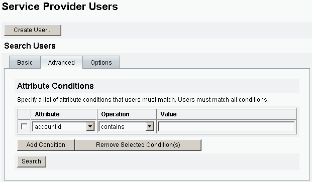 指定屬性條件以搜尋服務提供者使用者。