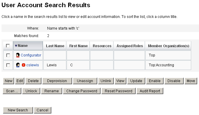 按一下 [User Account Search Results] 頁面中的名稱，可檢視或編輯帳號資訊。