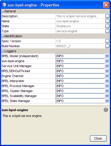 This window displays the BPEL Service Engine properties
and their default settings.