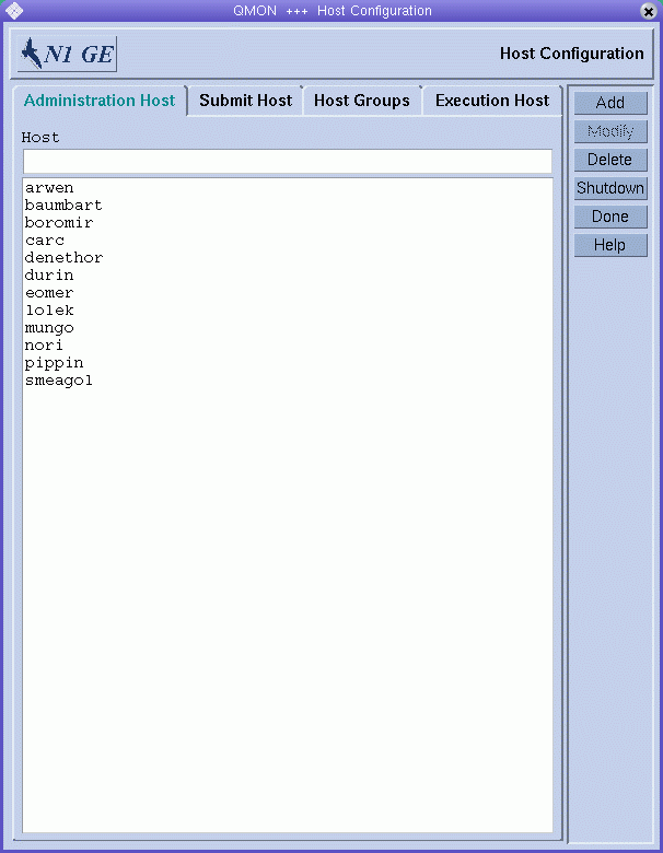 Dialog box titled Host Configuration. Shows Administration
Host tab with Hosts list. Shows Add, Modify, Delete, Shutdown, Done,
and Help buttons.