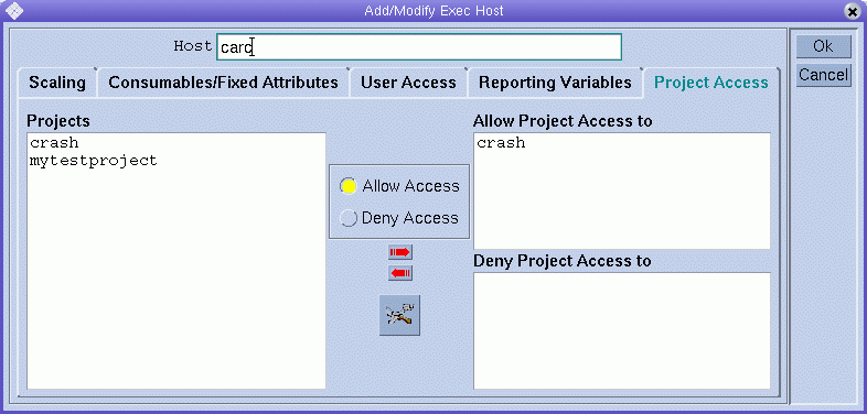 Dialog box titled Add/Modify Exec Host. Shows
Project Access tab with project access lists. Shows Ok and Cancel
buttons.