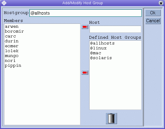 Dialog box titled Add/Modify Host Group. Shows
fields for defining host groups and their members. Shows Ok and Cancel
buttons.