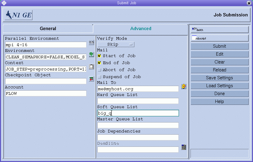 Dialog box titled Submit Job. Shows that the
parallel environment named mpi is defined for the job.