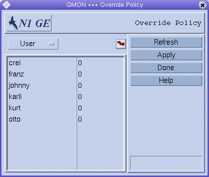 Dialog box titled Override Policy. Shows category list
and category members. Shows Refresh, Apply, Done, and Help buttons.