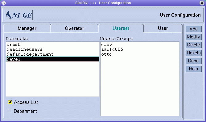 Dialog box titled User Configuration. Shows Userset tab with
list of usersets. Shows Add, Modify, Delete, Tickets, Done, and Help buttons.