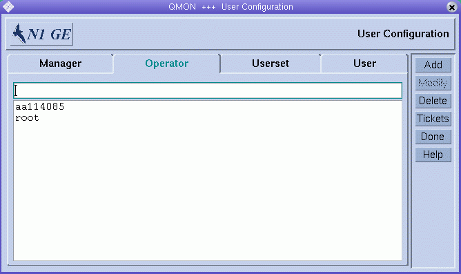 Dialog box titled User Configuration. Shows Operator tab with
list of operators. Shows Add, Modify, Delete, Tickets, Done, and Help buttons.