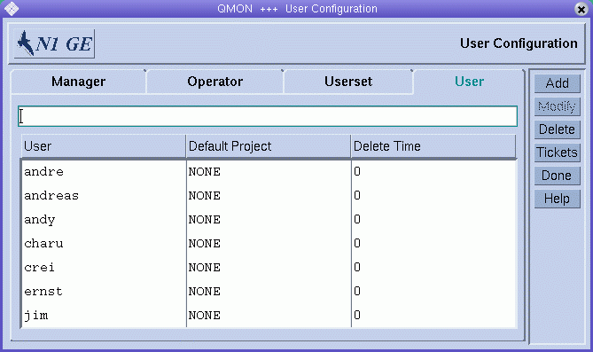 Dialog box titled User Configuration. Shows User tab with list
of users and User field. Shows Add, Modify, Delete, Tickets, Done, and Help buttons.