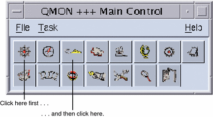 QMON Main Control window. Shows callouts indicating
that you should first click the Job Control button and then click
the Submit Jobs button.