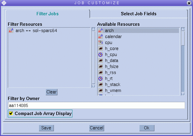Dialog box titled Job Customize. Shows the Filter
Jobs tab with a list of filter resources and a list of available resources.