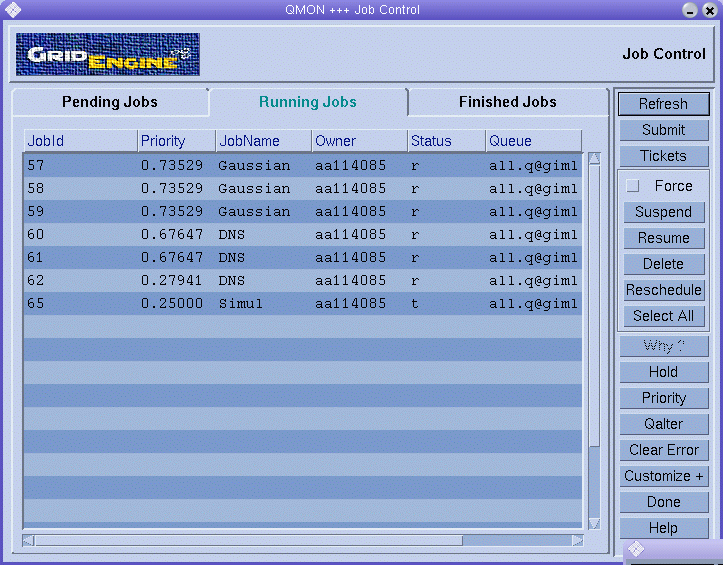 Dialog box titled Job Control. Shows the Running
Jobs tab with information about running jobs. Shows buttons for manipulating
running jobs.