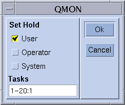 Untitled dialog box. Shows User, Operator, and
System check boxes, enabling you to set holds on a job.