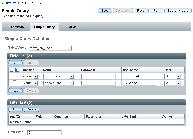 Simple query screen shows table, field, filter,
row