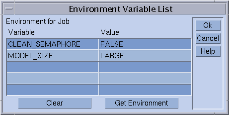 Dialog box titled Environment Variable List.
Shows list of environment variables and their values. 