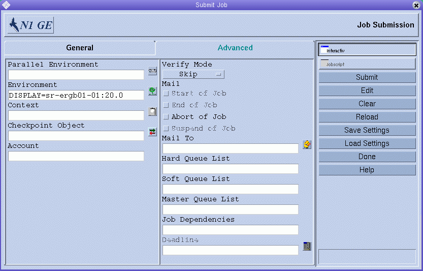 Dialog box titled Submit Job. Shows Advanced
tab with fields for interactive jobs filled in.