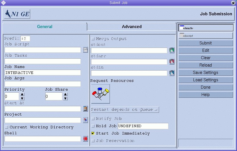 Dialog box titled Submit Job. Shows General tab
with fields for interactive jobs filled in.