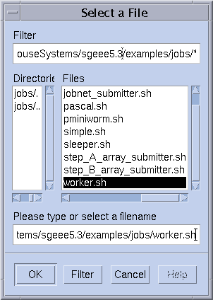 Dialog box titled Select a File. Shows lists
of directories and files from which to select a job script. Shows
OK, Filter, Cancel, and Help buttons.