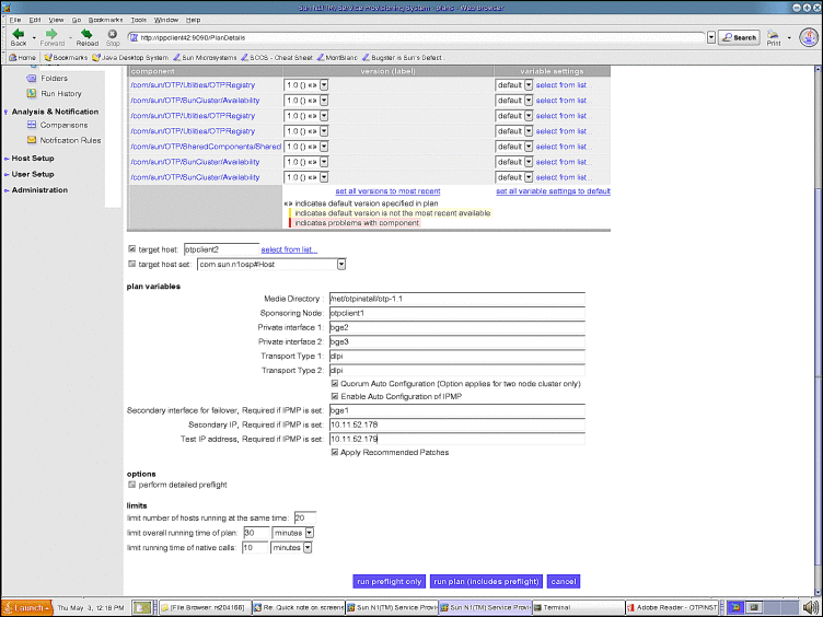 Screen capture: Clustered OTP Hosts Availability
Plan Variables Page