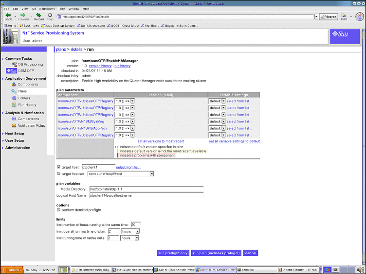 Screen capture: Clustered OTP Host High Availability
Plan Parameters page: First OTP Host