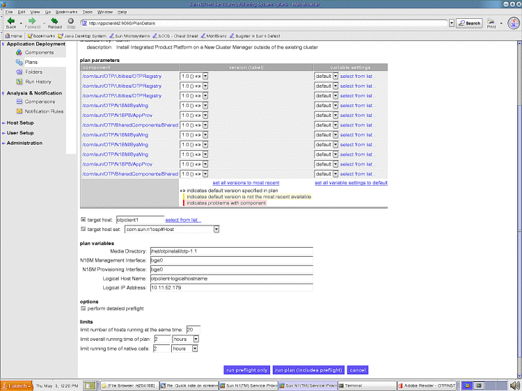 Screen capture: Clustered OTP Host Applications and
Provisioning Plan Parameters page: First OTP Host