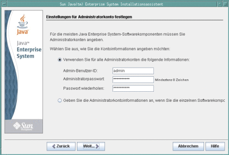 Abbildung der Seite "Einstellungen für Administratorkonto festlegen".