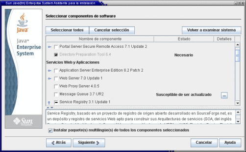 Captura de pantalla de la página Seleccionar componentes de software.
