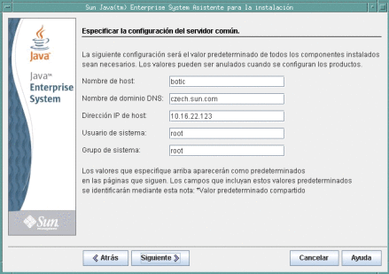 Captura de pantalla de la página Especificar configuración común de servidor.