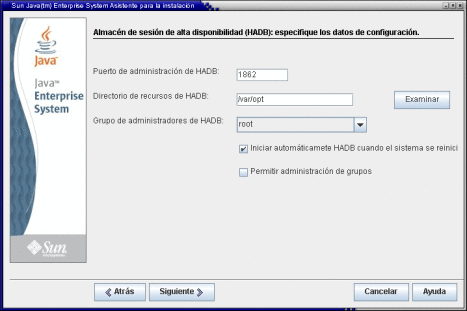 Captura de pantalla de una página de configuración de componentes típica
(HADB).